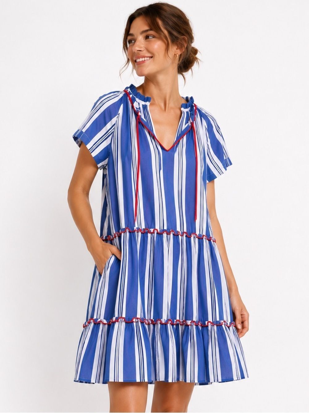 Stella Jean Cotton White Stripe Tiered Dress Red Trim Size 40 Boho Midi NWOT